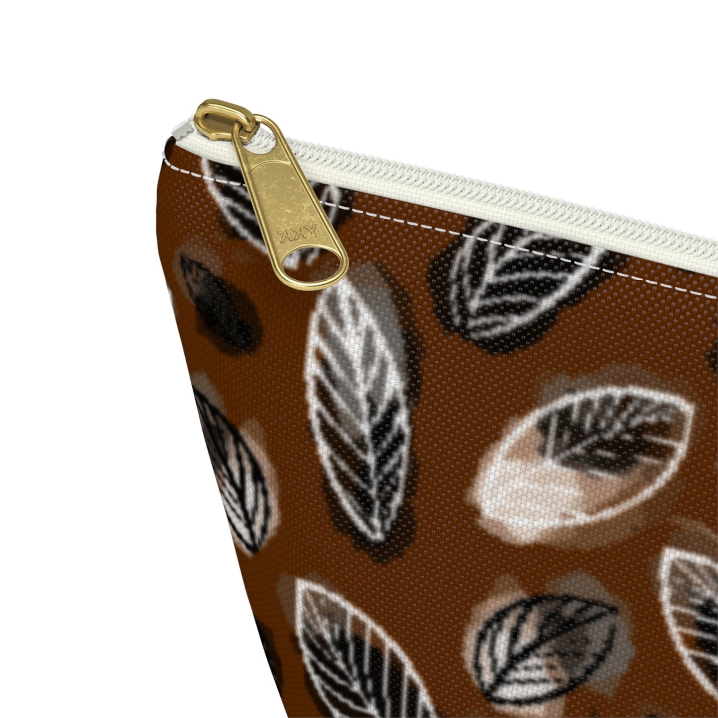 Gertie Black & Cream Abstract Leaves on Brown Makeup Zipper Accessory Pouch w T-bottom