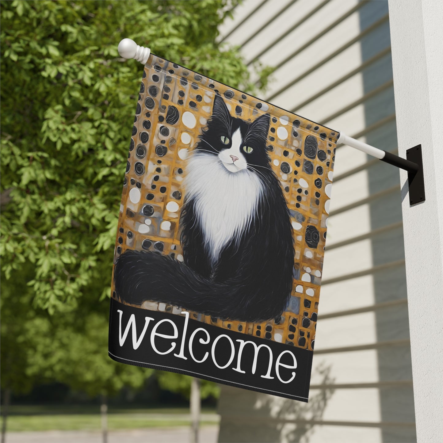 Eugene Black & White Cat Welcome 2-Sided Garden & House Flag/Banner