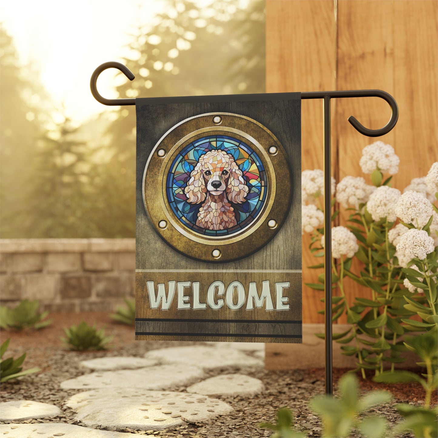 Poodle in Port Hole Welcome 2-Sided Garden & House Flag/Banner