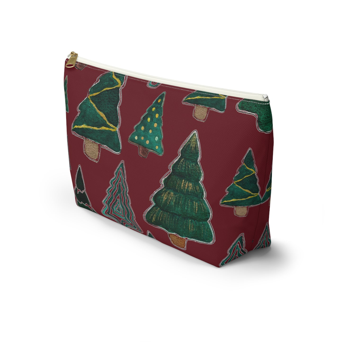 Christmas Tree Cutouts on Maroon Accessory Pouch w T-bottom