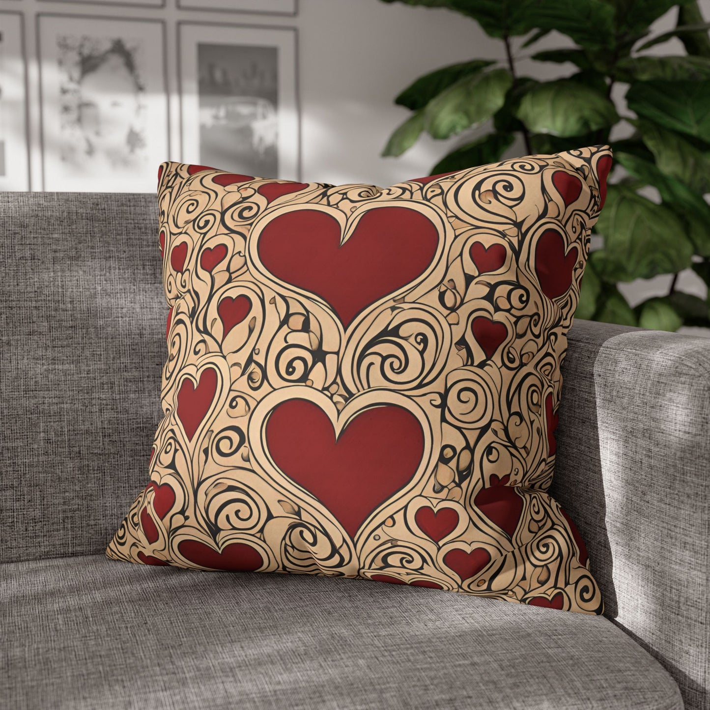 Hearts on Khaki Square Poly Canvas Pillowcase