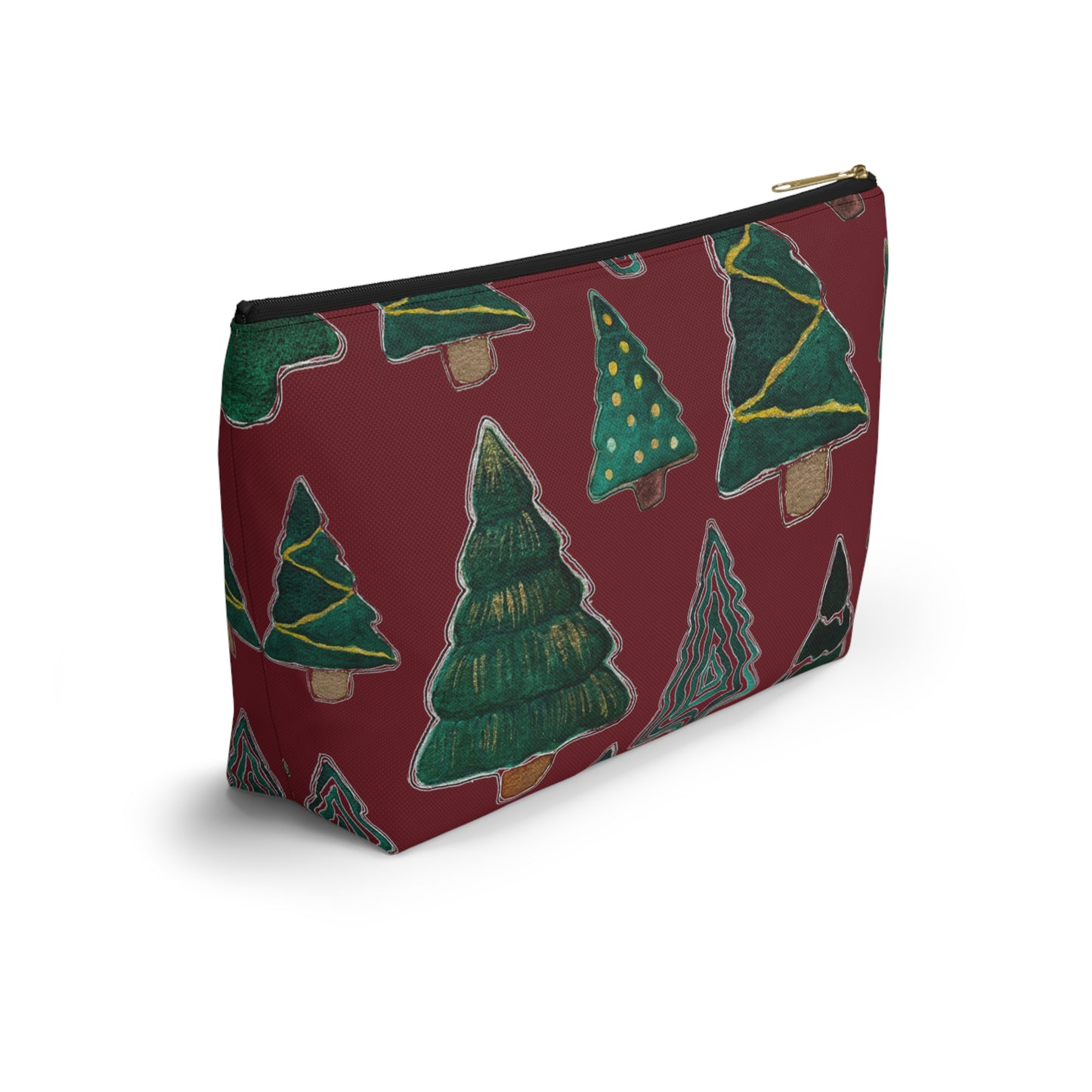 Christmas Tree Cutouts on Maroon Accessory Pouch w T-bottom