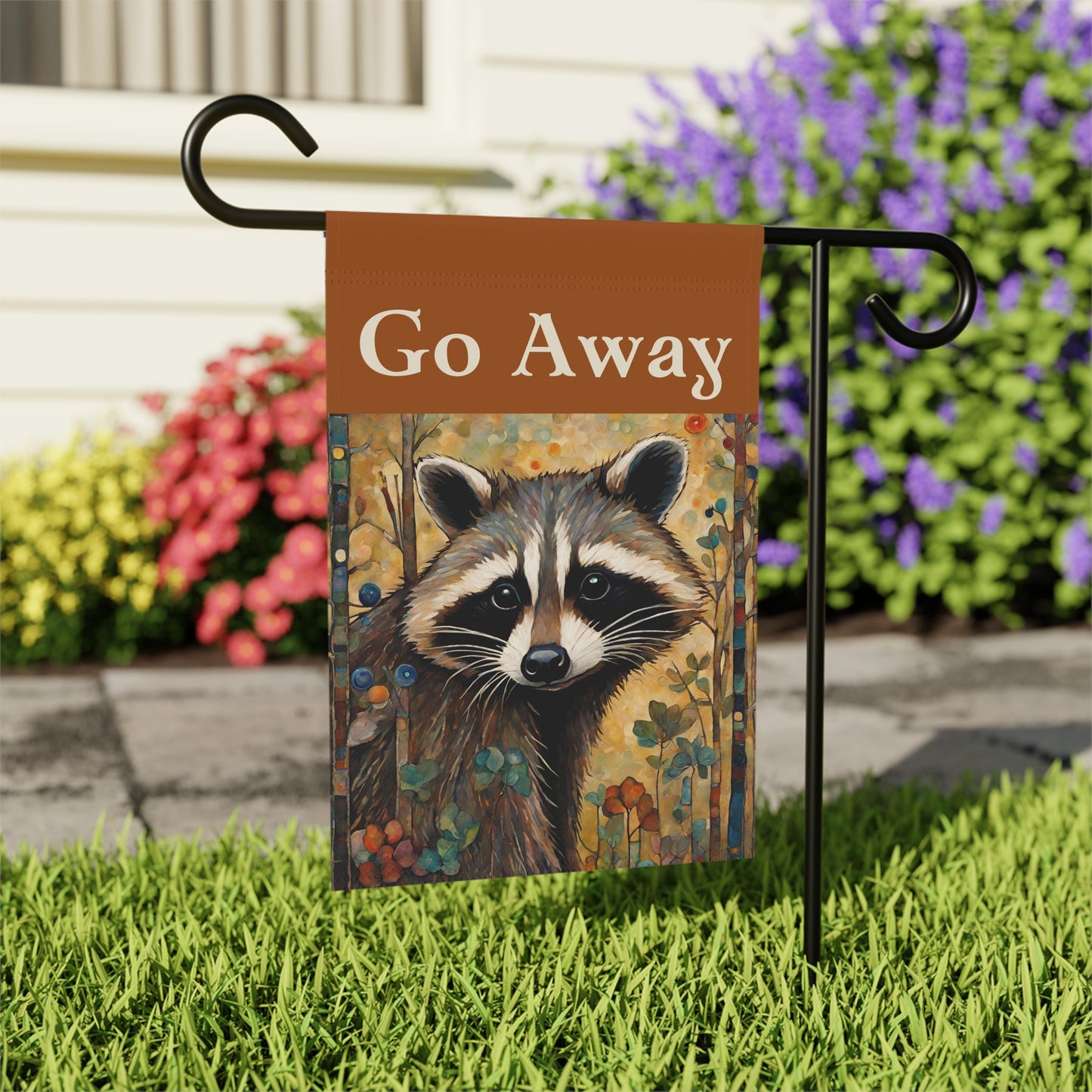 Go Away Raccoon 2-Sided Garden & House Flag/Banner