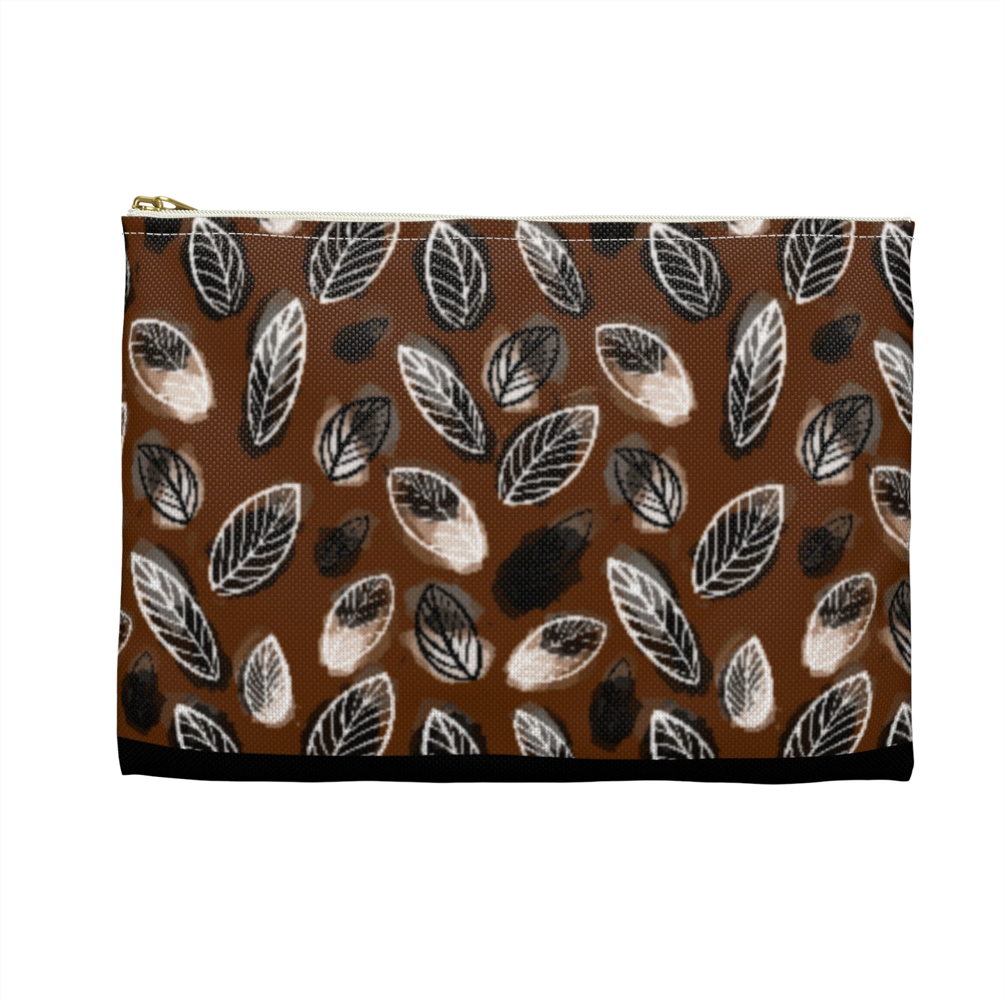 Gertie Black & Cream Abstract Leaves on Brown Journal Pencil  Zipper Flat Bottom Accessory Pouch