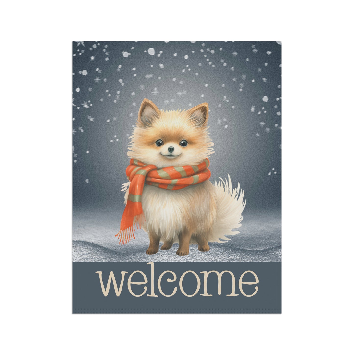 Snowy Welcome Pomeranian in Scarf 2-Sided Garden & House Flag/Banner