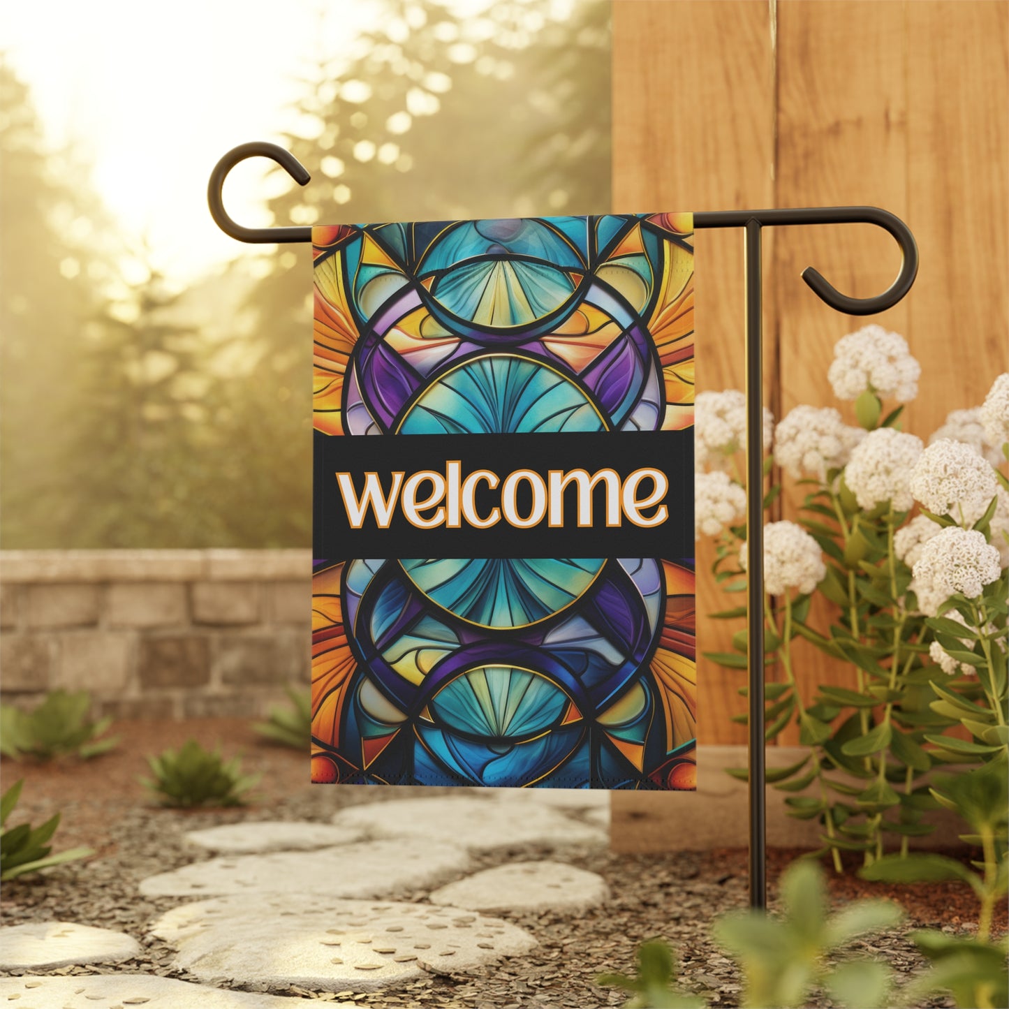 Welcome Stained Glass 2-Sided Garden & House Flag/Banner