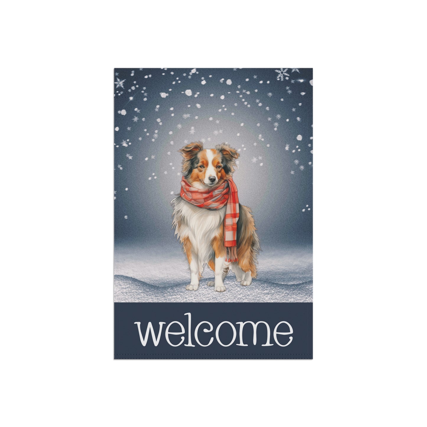 Snowy Welcome Collie in Scarf 2-Sided Garden & House Flag/Banner