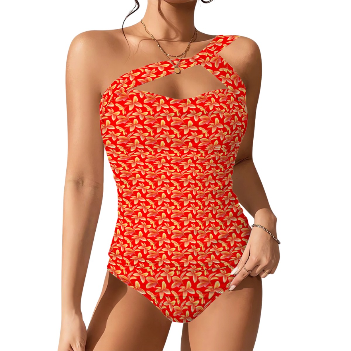 Plumeria One-Shoulder Two Piece Tankini Swimsuit