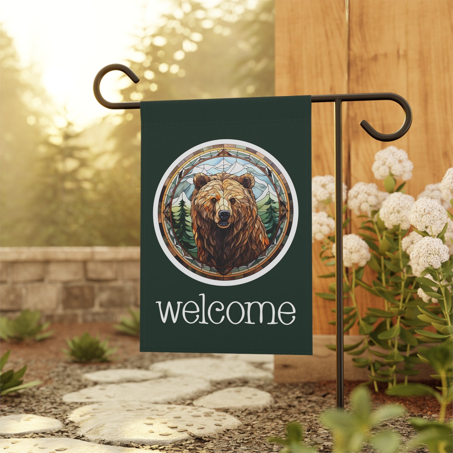 Grizzly Bear on Green Welcome 2-Sided Garden & House Flag/Banner