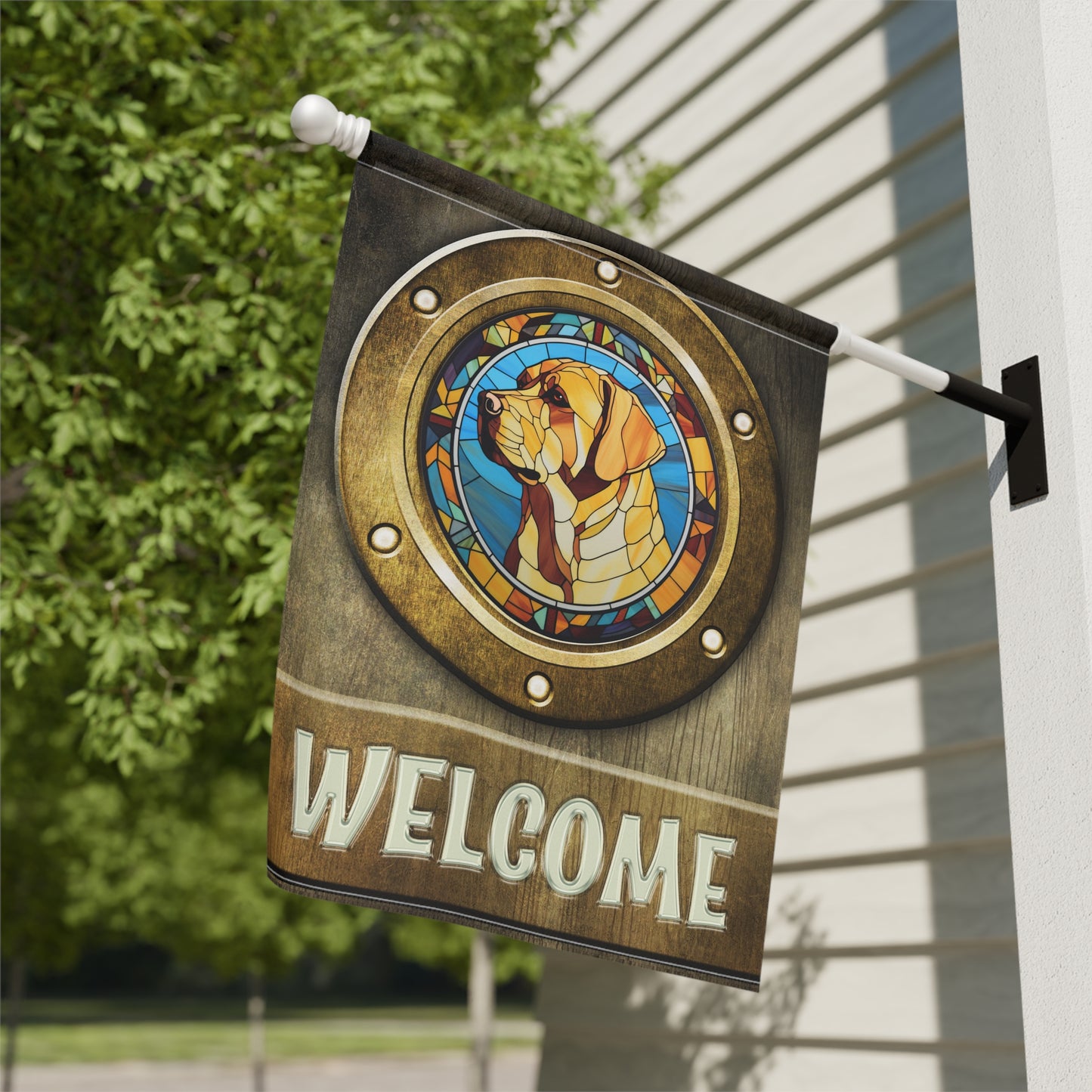 Yellow Labrador in Port Hole Welcome 2-Sided Garden & House Flag/Banner