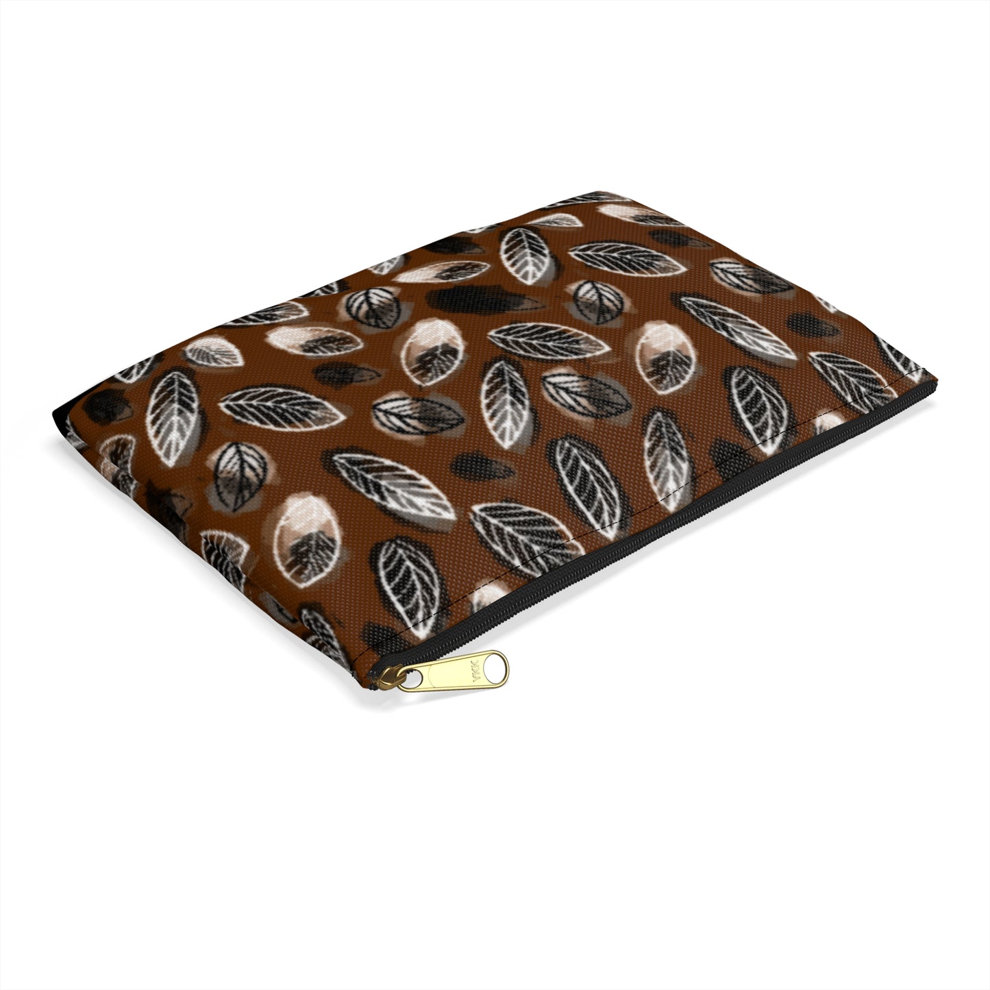 Gertie Black & Cream Abstract Leaves on Brown Journal Pencil  Zipper Flat Bottom Accessory Pouch