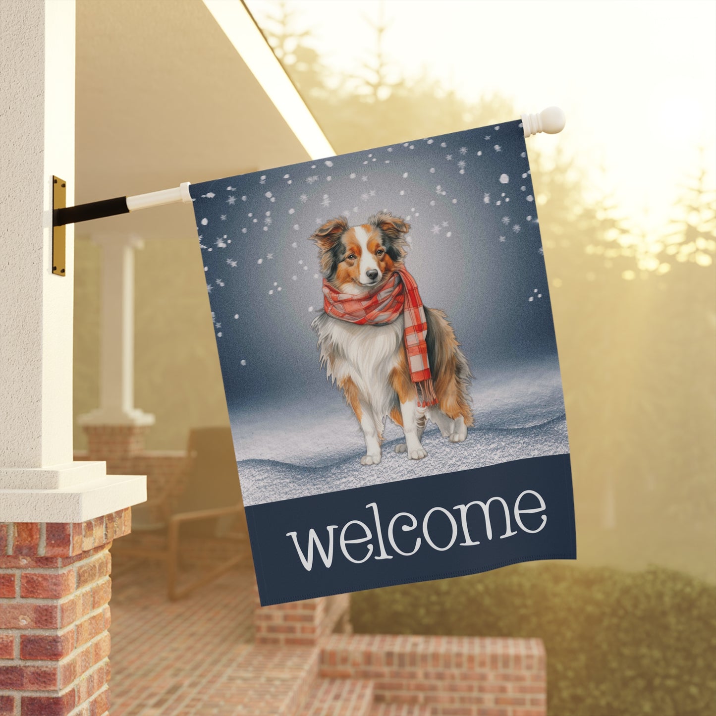 Snowy Welcome Collie in Scarf 2-Sided Garden & House Flag/Banner