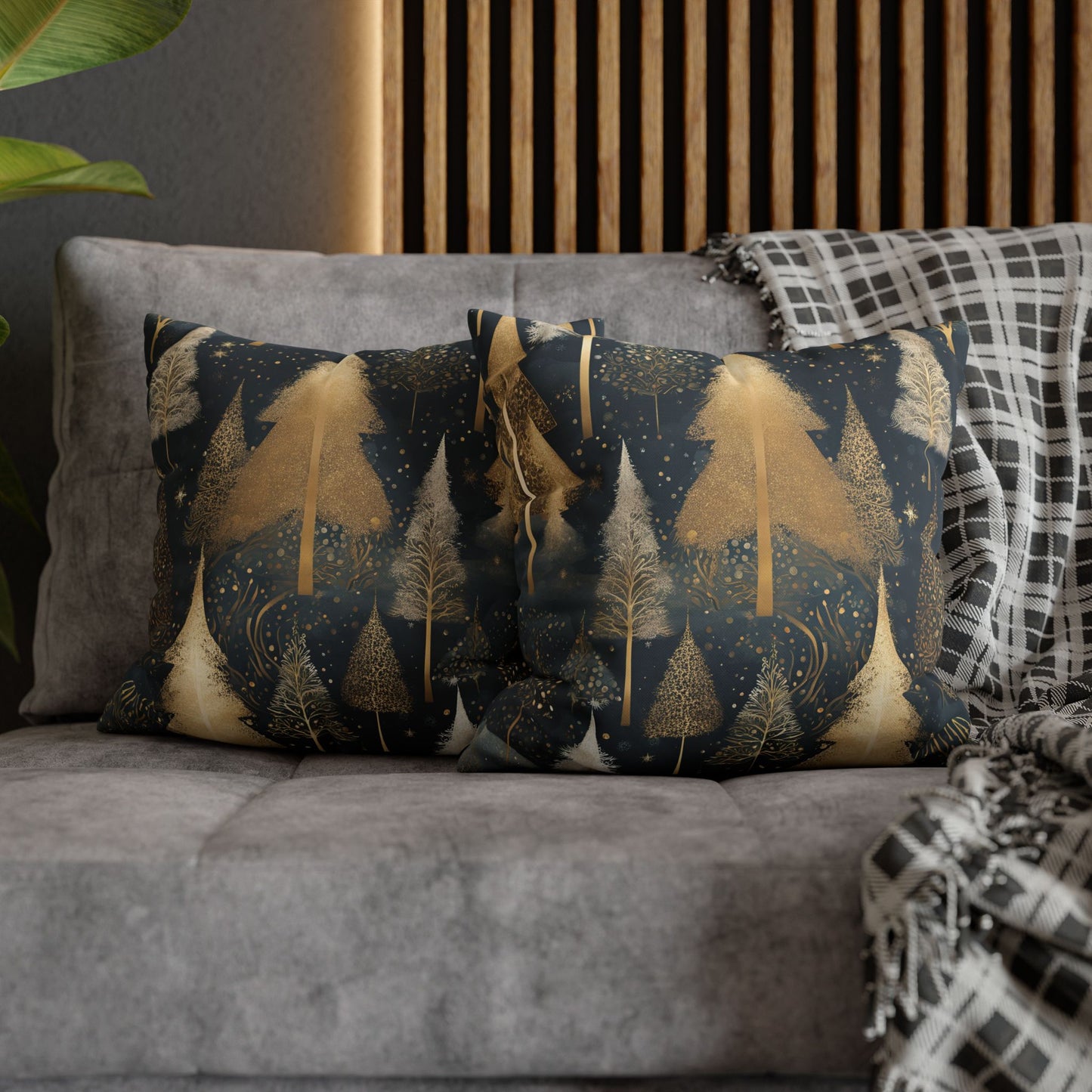 Golden Evergreens on Navy Square Poly Canvas Pillowcase