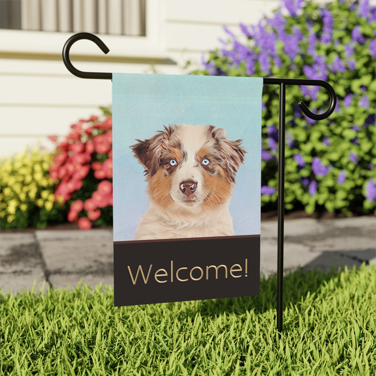 Australian Shepherd with Blue Eyes Welcome 2-Sided Garden & House Flag/Banner