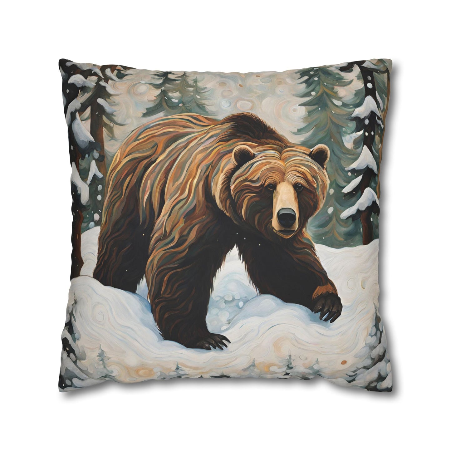 Winter Grizzly Square Poly Canvas Pillowcase