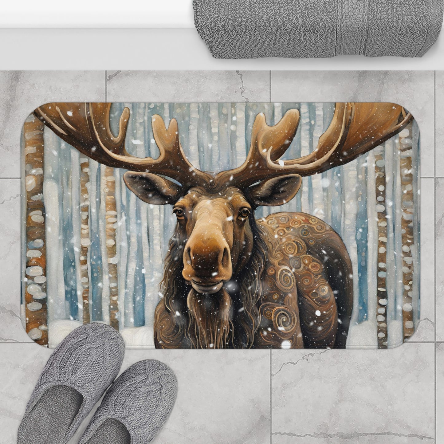 Mountain Forest Snowy Moose Microfiber Bath Mat