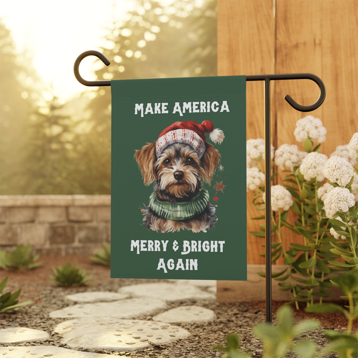 Make America Merry & Bright Again Dog in Santa Hat 2-Sided Garden Banner