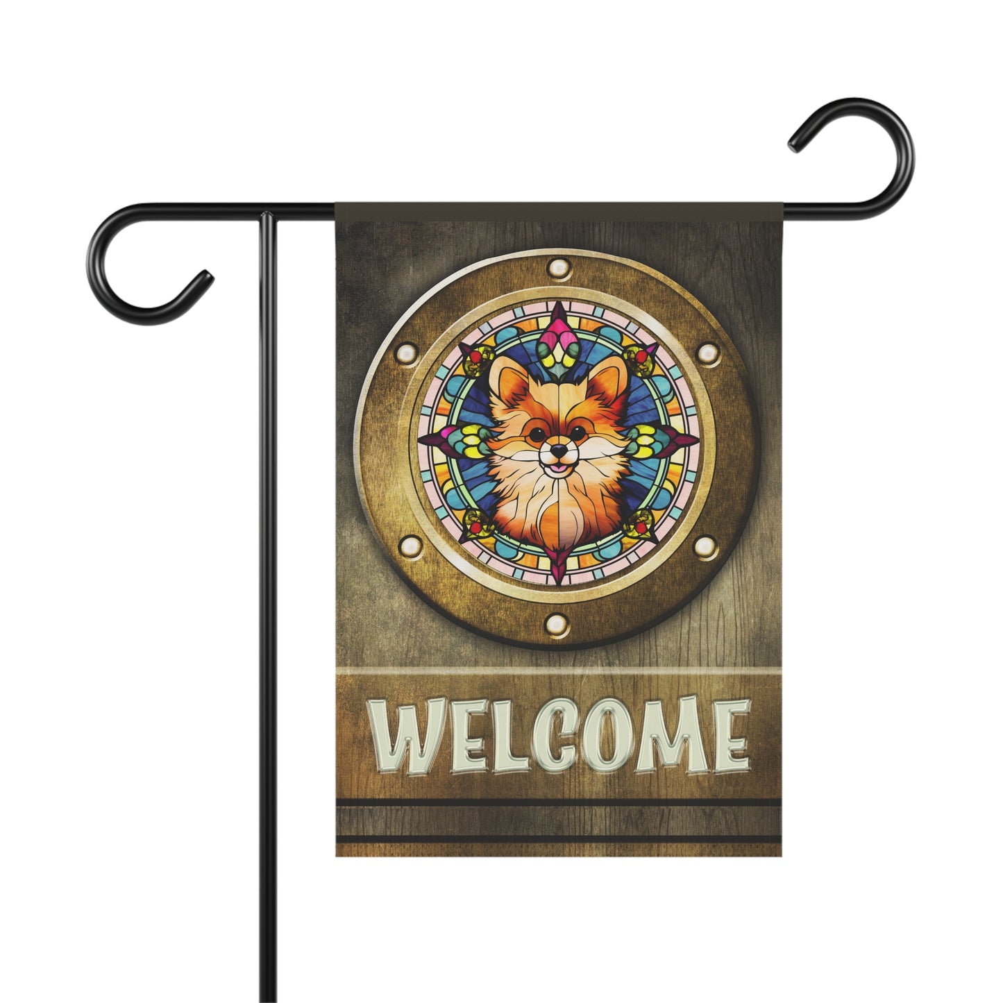 Pomeranian in Port Hole Welcome 2-Sided Garden & House Flag/Banner