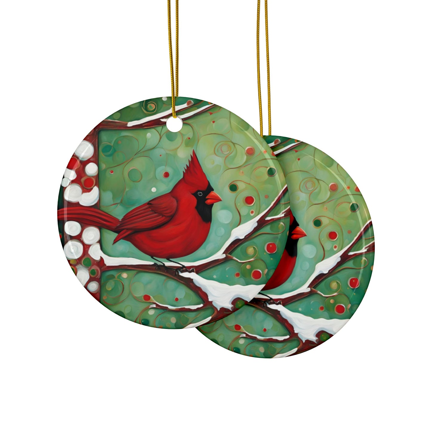 Christmas Cardinal 3" Ceramic Ornaments, 2-Side Print, (1pc, 10pcs)