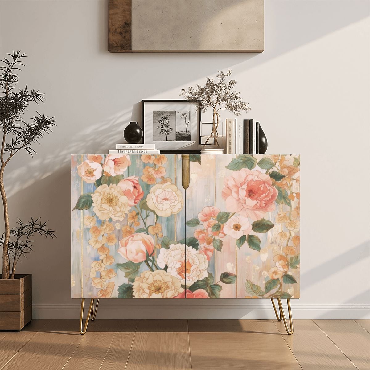 Pastel Floral Wooden Storage Cabinet (Made in USA)
