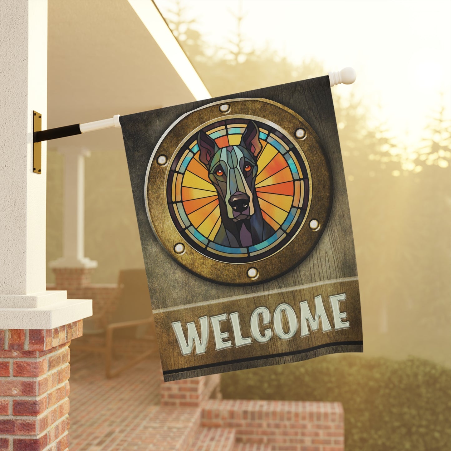 Great Dane in Port Hole Welcome 2-Sided Garden & House Flag/Banner