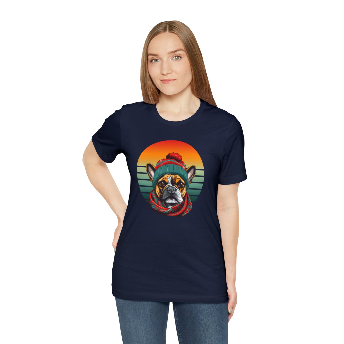 Retro French Bulldog in Hat & Scarf Unisex Jersey Short Sleeve Tee