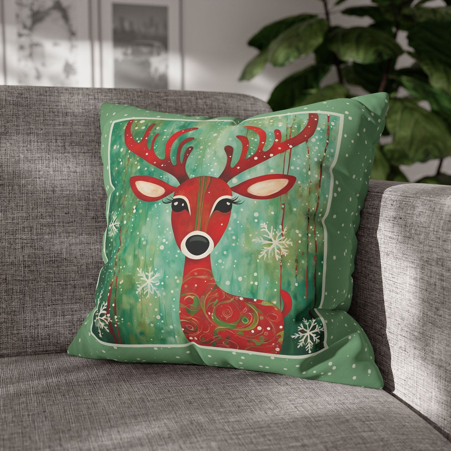 Red Reindeer Square Poly Canvas Pillowcase