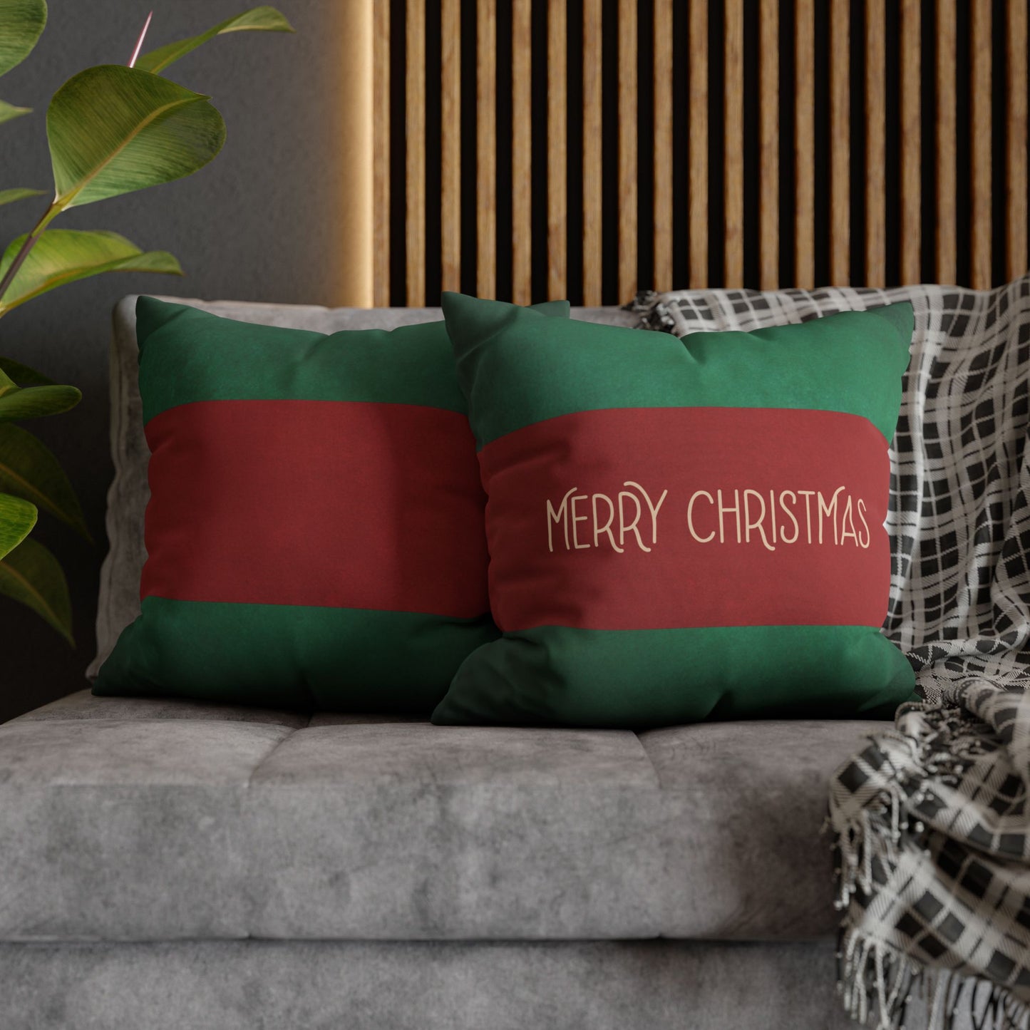 Merry Christmas Red & Green Square Poly Canvas Pillowcase