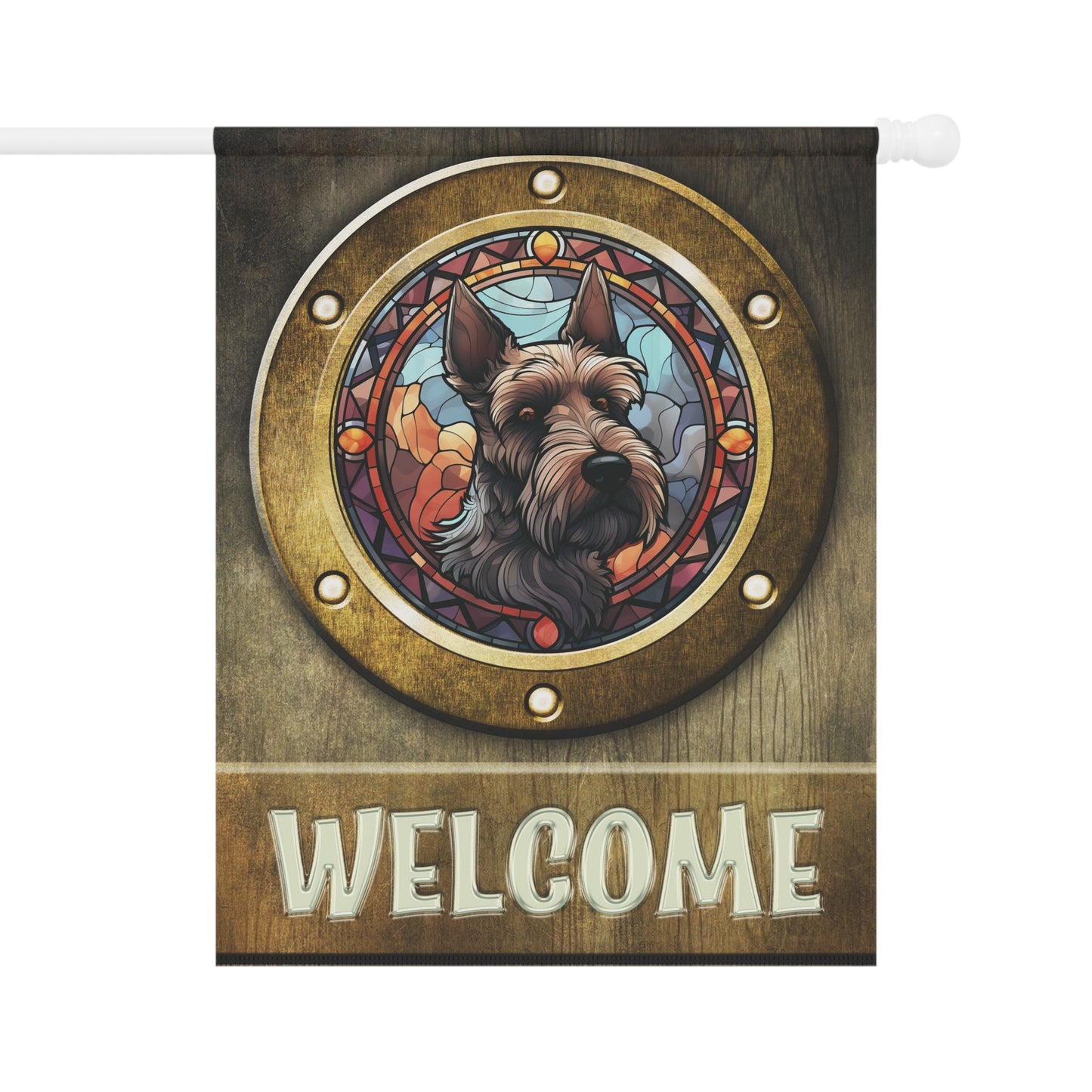 Scottish Terrier in Port Hole Welcome Scottie Dog 2-Dided Garden & House Flag/Banner