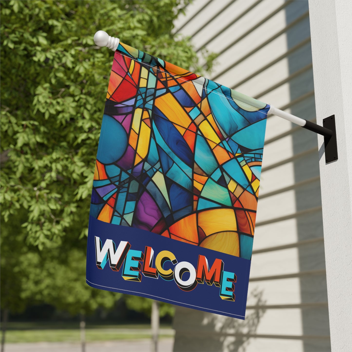 Modern Stained Glass Welcome 2-Sided Garden & House Flag/Banner