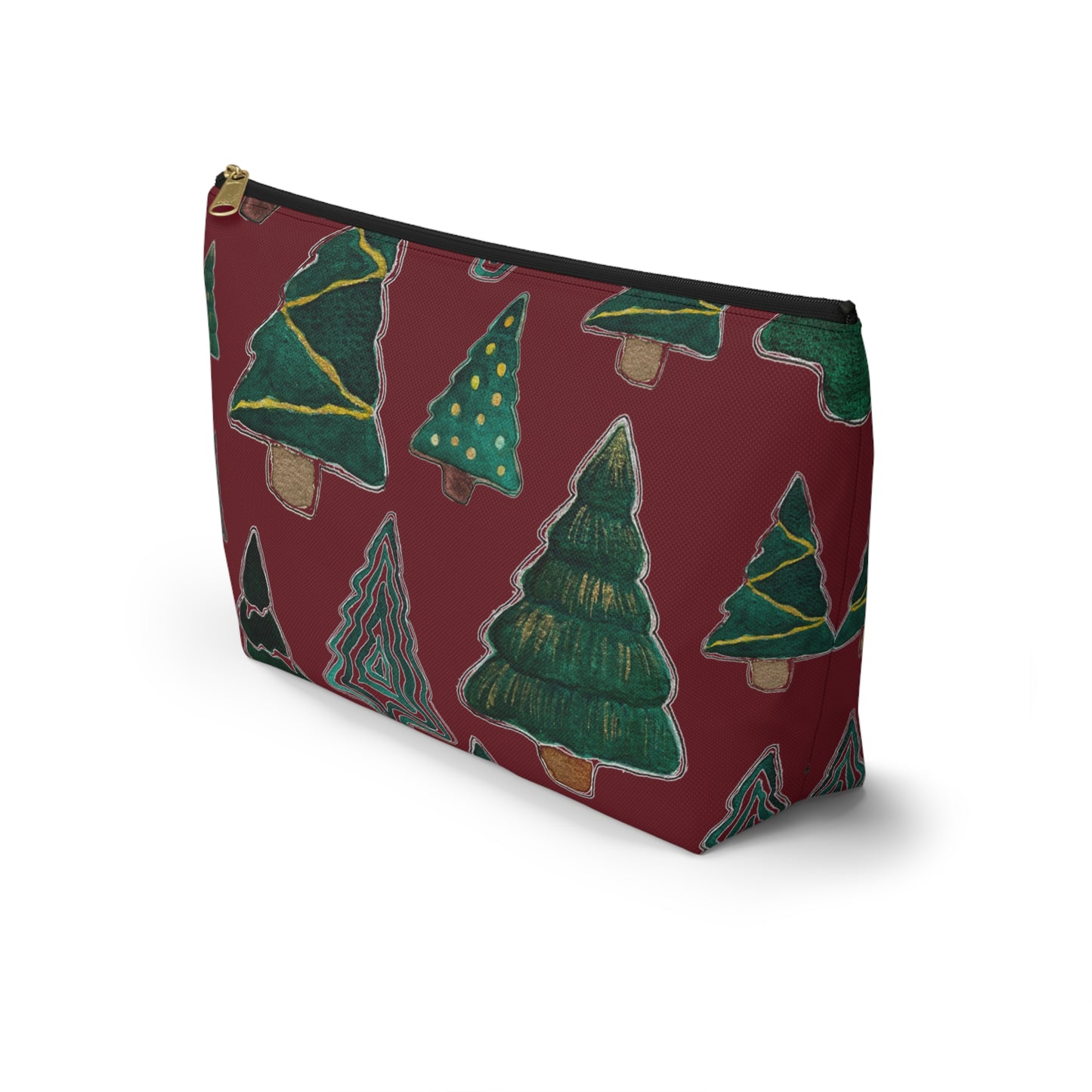 Christmas Tree Cutouts on Maroon Accessory Pouch w T-bottom