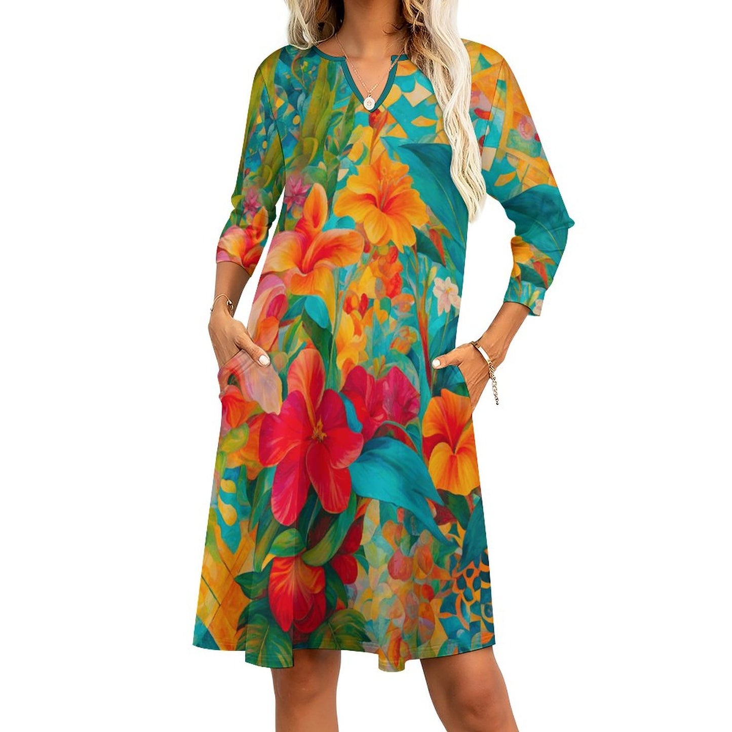 Aruba V-neck 3/4 Sleeve Dress with Pockets