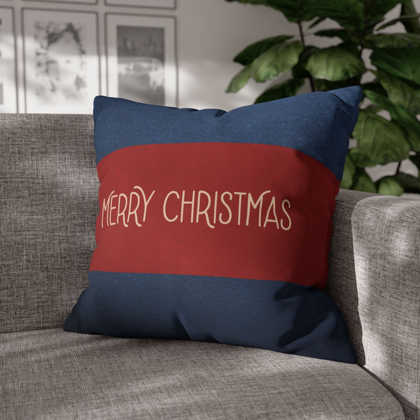 Merry Christmas Red & Navy Square Poly Canvas Pillowcase