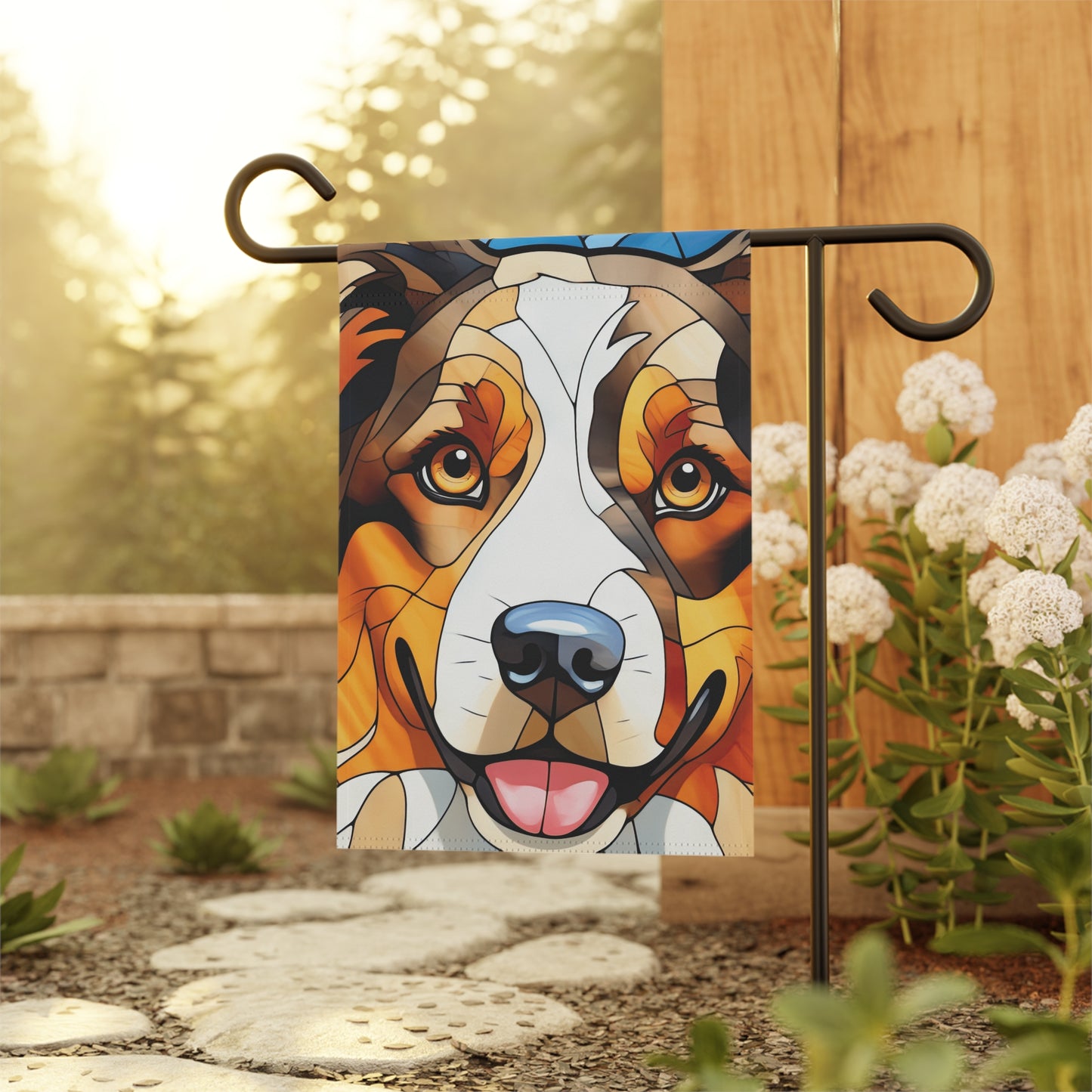 Australian Shepherd Face Stained Glass Look 2-Sided Garden & House Flag/Banner