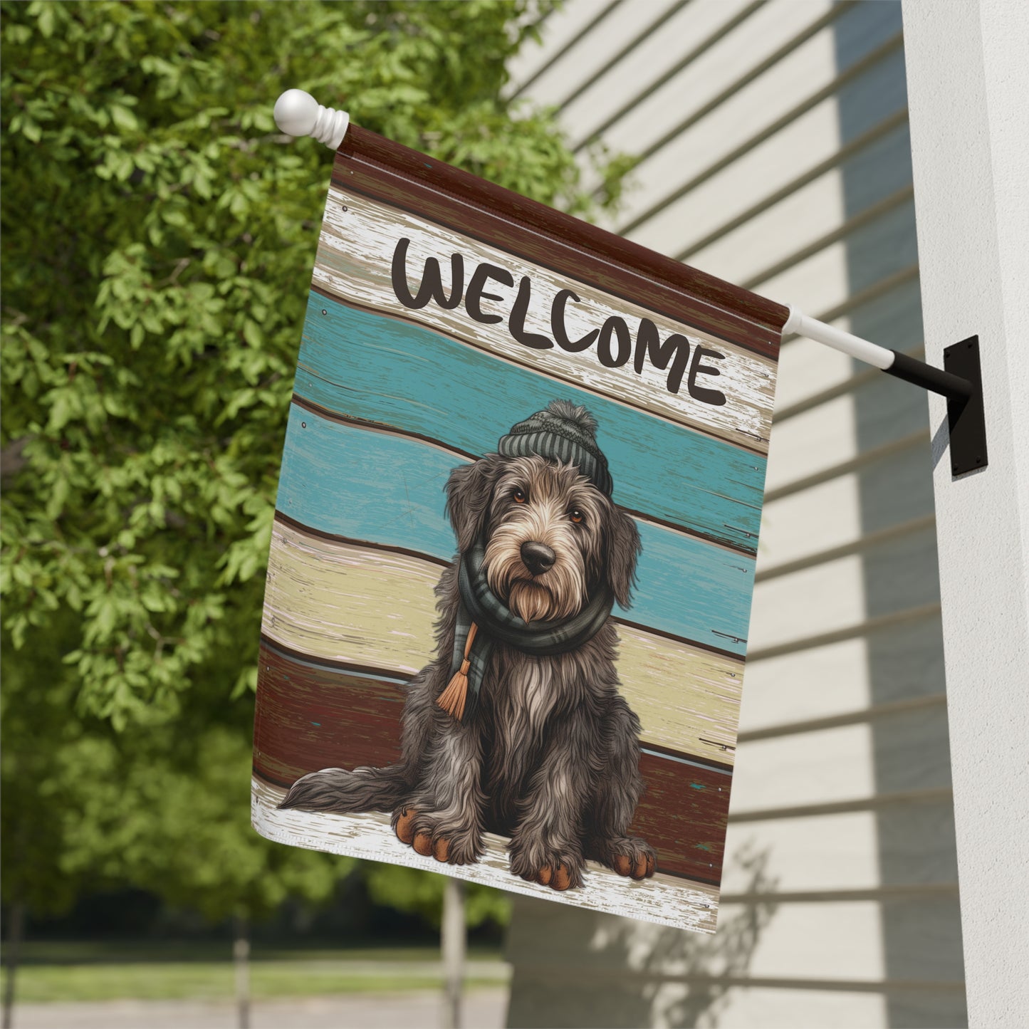 Cute Dog in Hat & Scarf Welcome 2-Sided Garden & House Flag/Banner