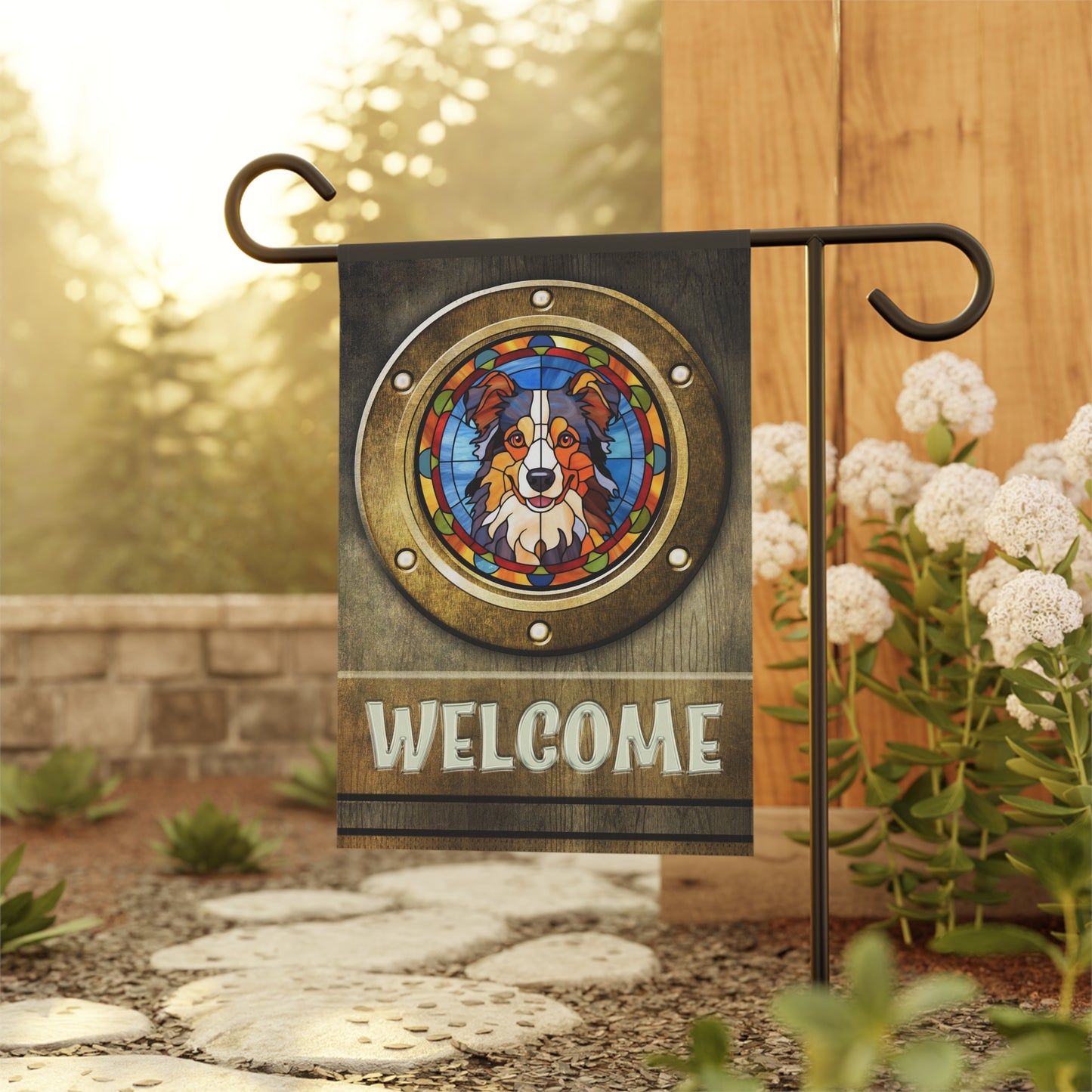 Australian Shepherd in Port Hole Welcome 2-Sided Garden & House Flag/Banner