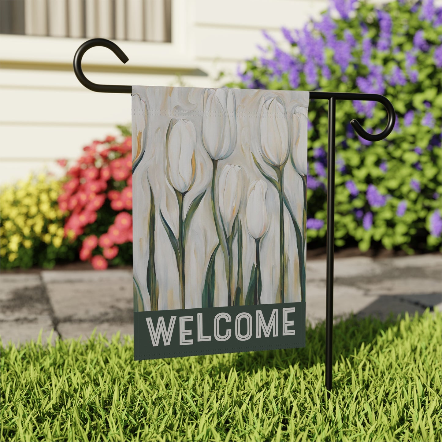 White Tulips Welcome 2-Sided Garden & House Flag/Banner