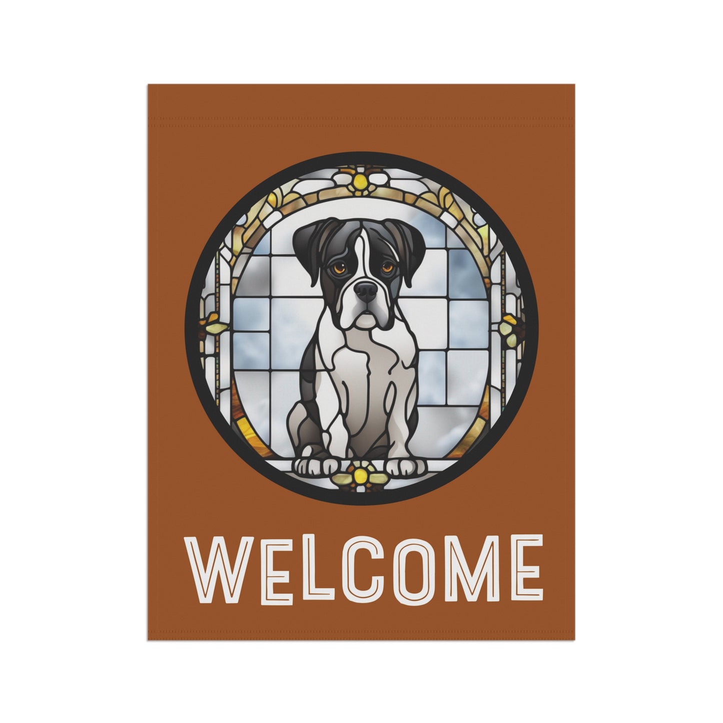 Black & White Boxer Sitting Welcome Stained Glass Look 2-Sided Garden & House Flag/Banner