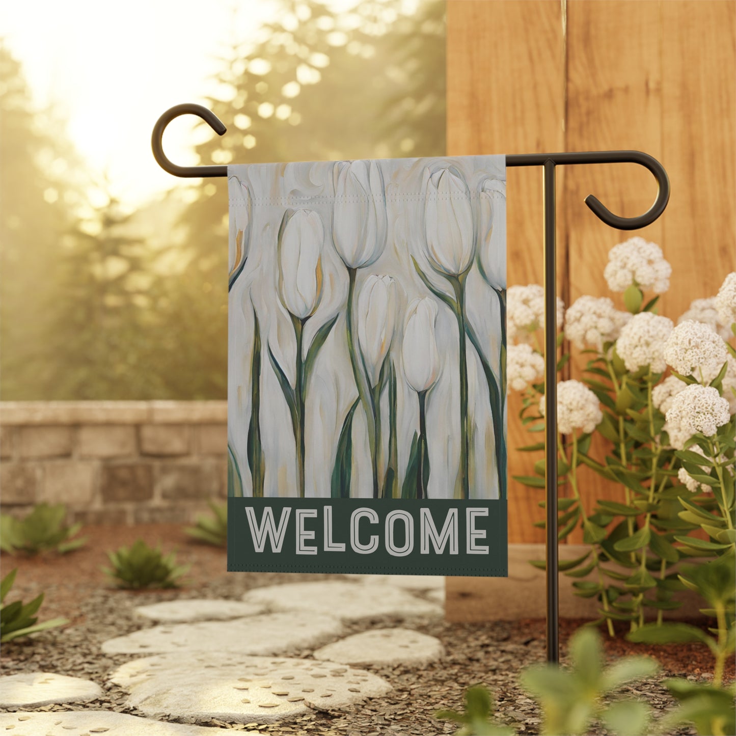 White Tulips Welcome 2-Sided Garden & House Flag/Banner