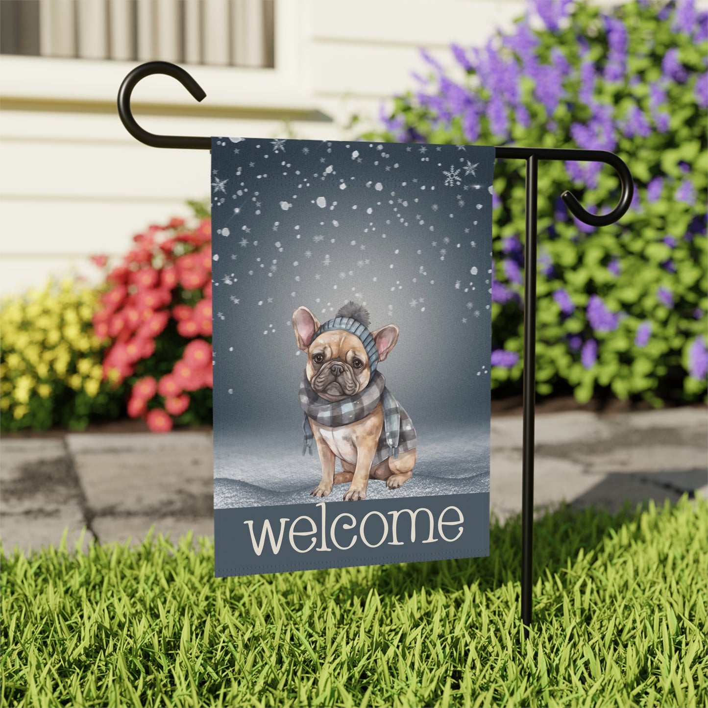 Snowy Welcome French Bulldog in Scarf 2-Sided Garden & House Flag/Banner