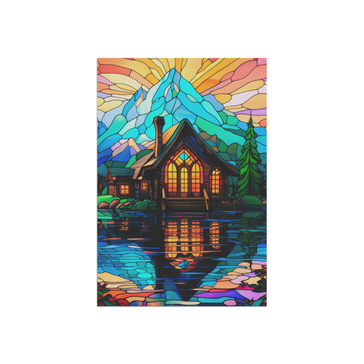 Mountain Cabin Paradise Stained Glass Look 2-Sided Garden & House Flag/Banner