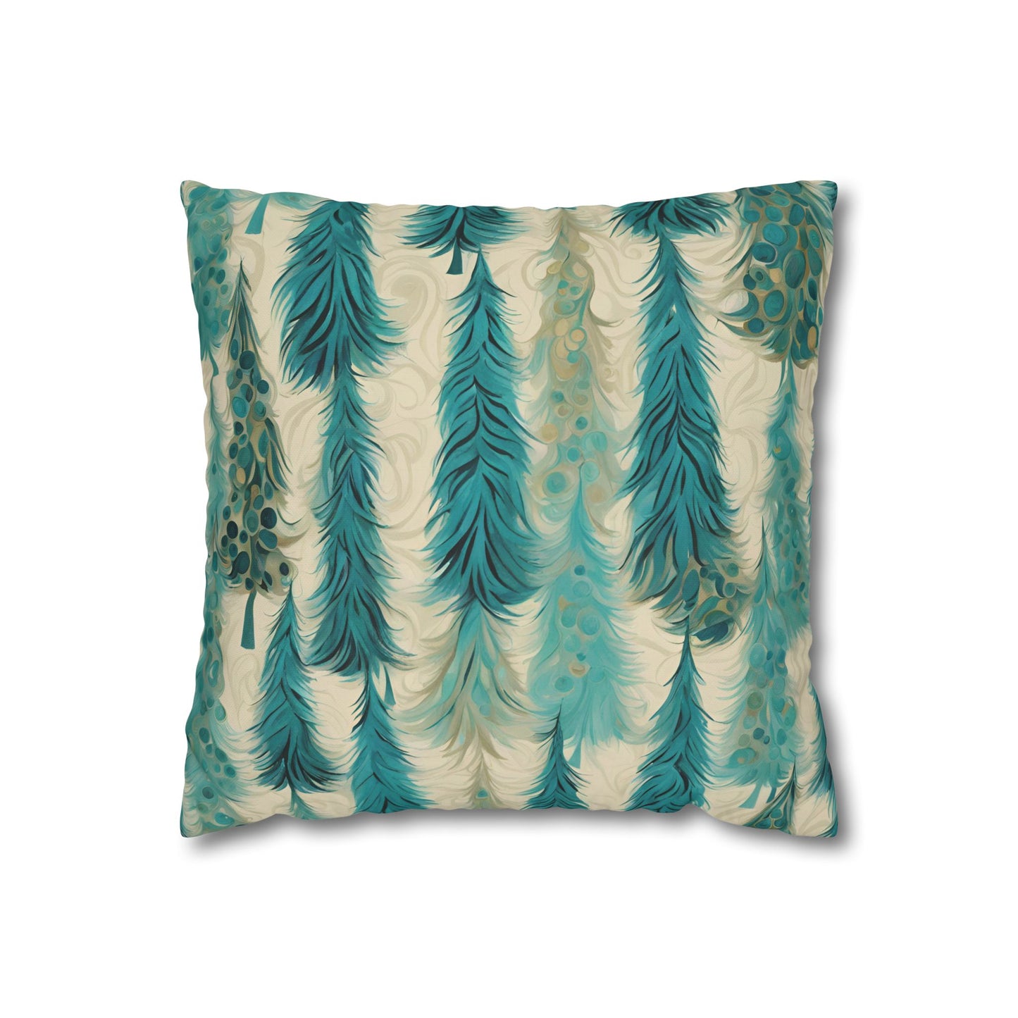 Teal Christmas Trees Square Poly Canvas Pillowcase