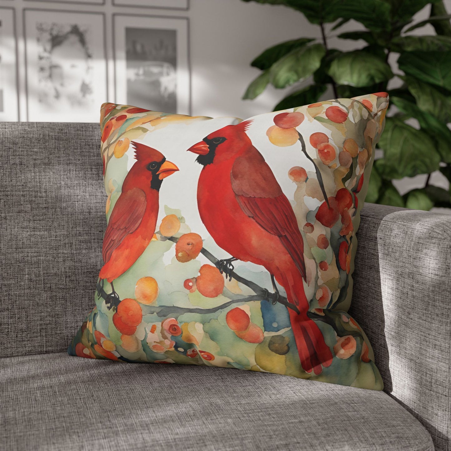 Autumn Cardinals Square Poly Canvas Pillowcase