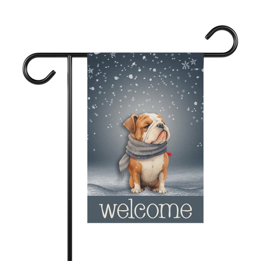 Snowy Welcome Bulldog in Scarf 2-Sided Garden & House Flag/Banner