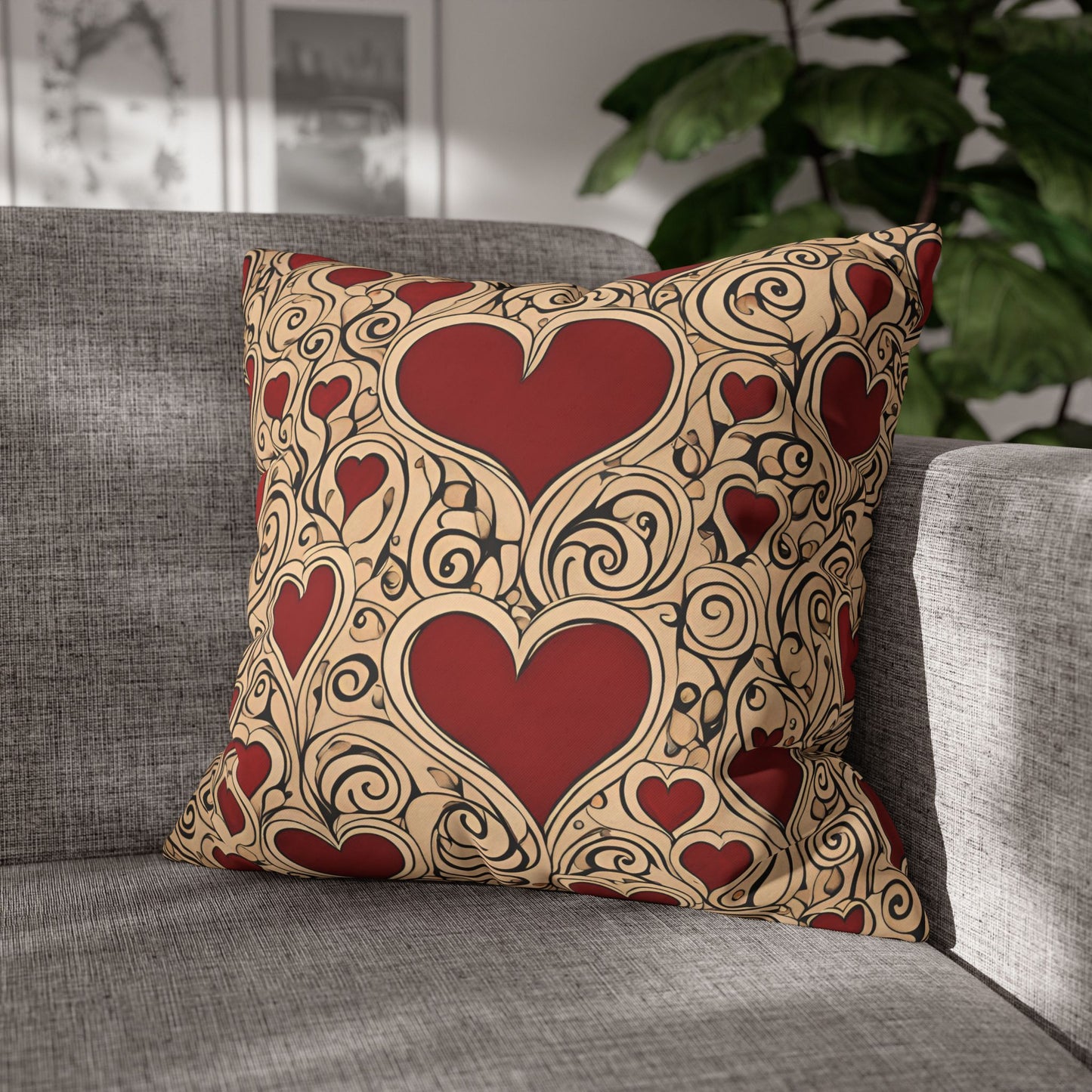 Hearts on Khaki Square Poly Canvas Pillowcase