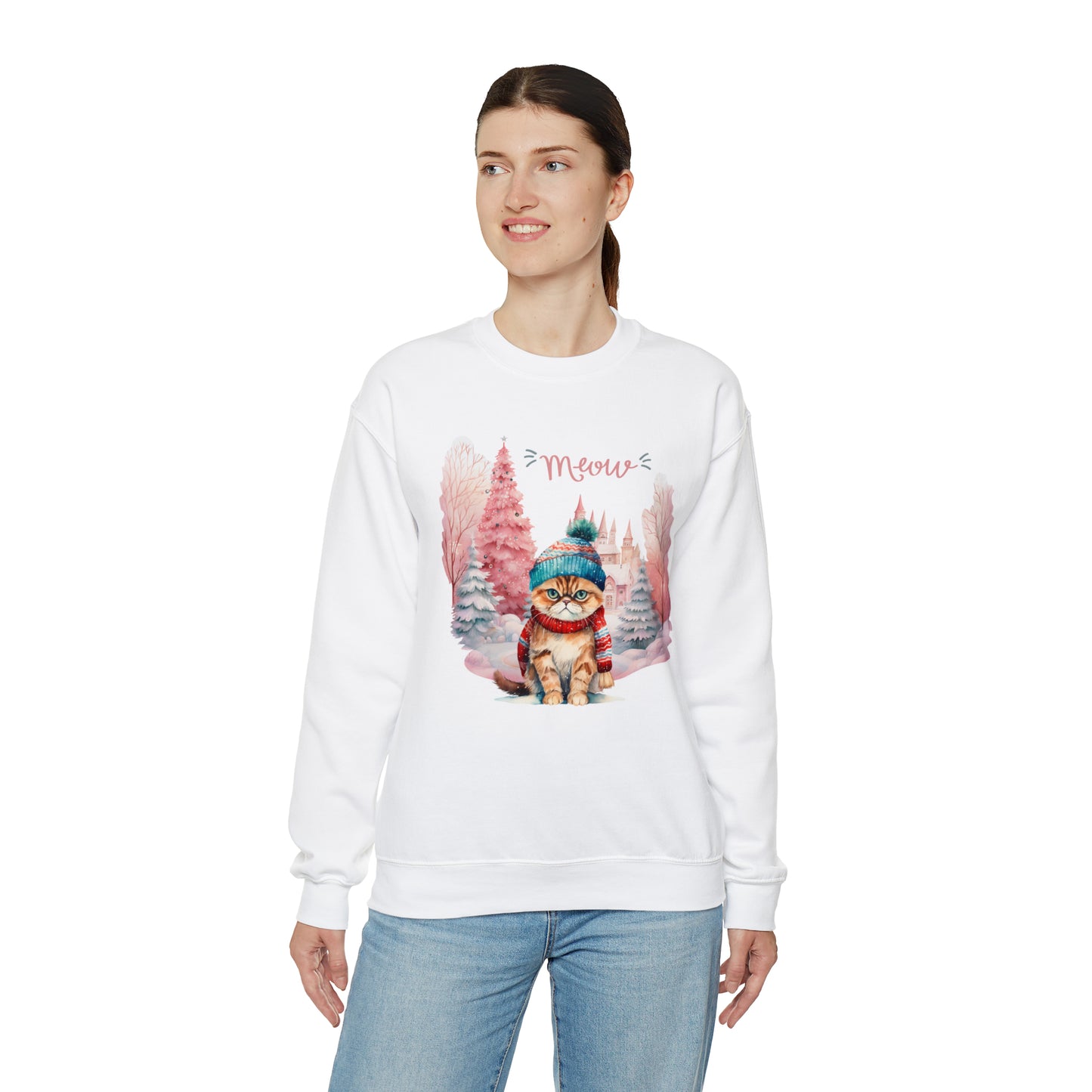 "Meow" Cat in Winter Hat Unisex Heavy Blend™ Crewneck Sweatshirt