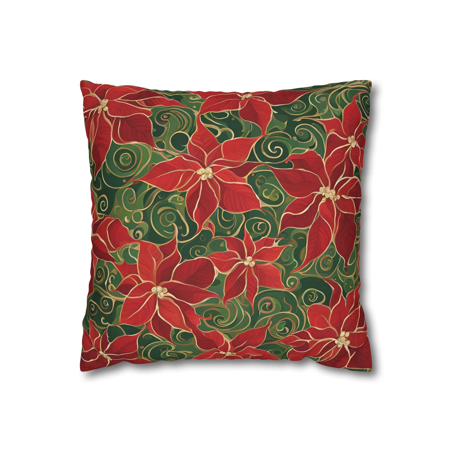 Poinsettias Swirl Holiday Square Poly Canvas Pillowcase