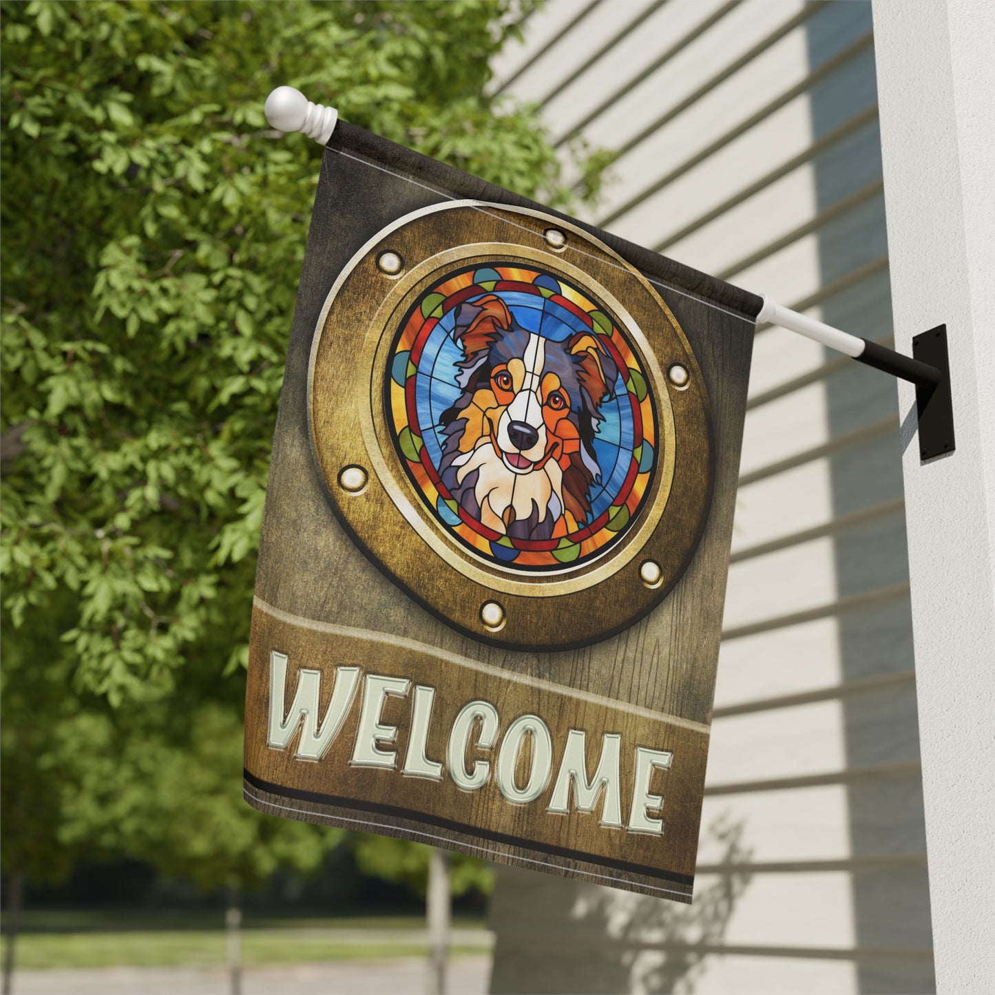 Australian Shepherd in Port Hole Welcome 2-Sided Garden & House Flag/Banner