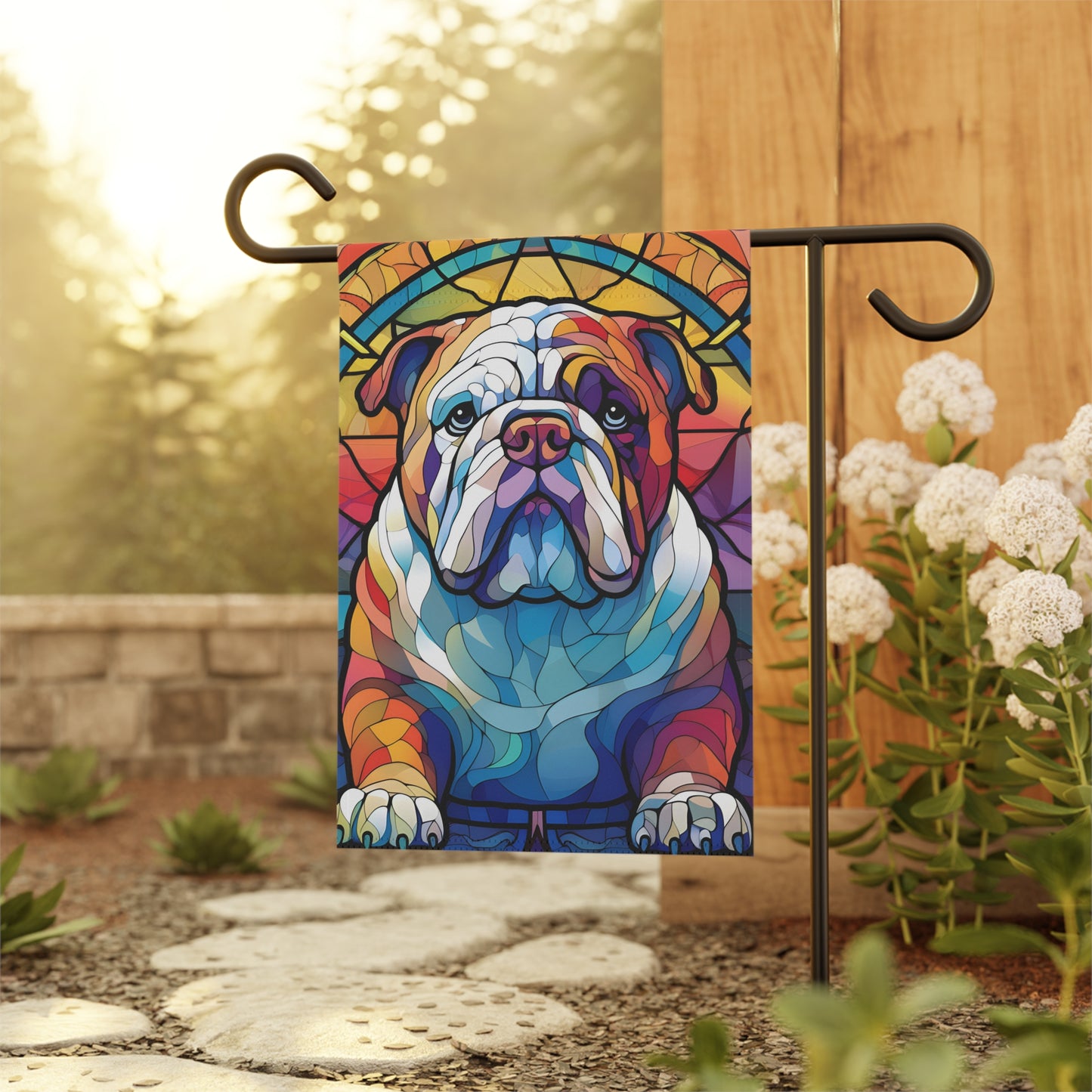 Bright Bully Stained Glass Look English Bulldog 2-Sided Garden & House Flag/Banner