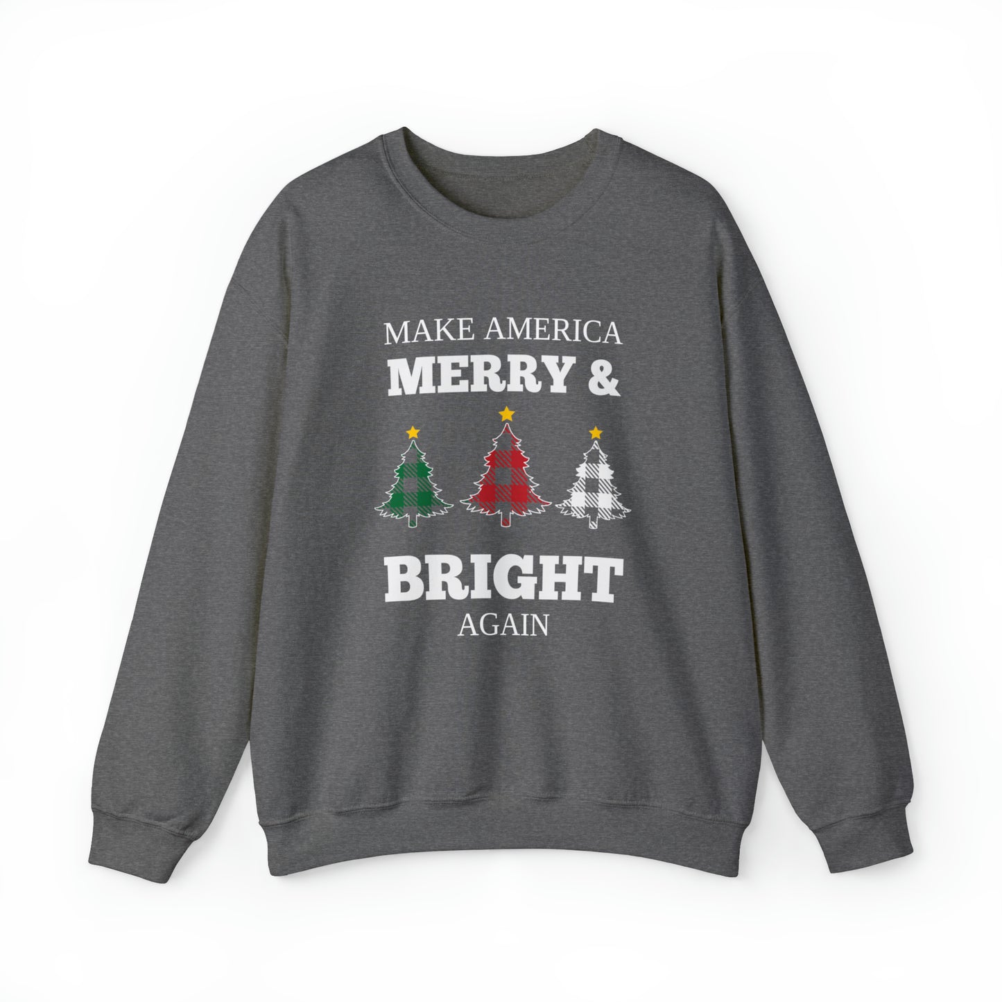 Plaid Trees Make America Merry & Bright Again Unisex Heavy Blend™ Crewneck Sweatshirt